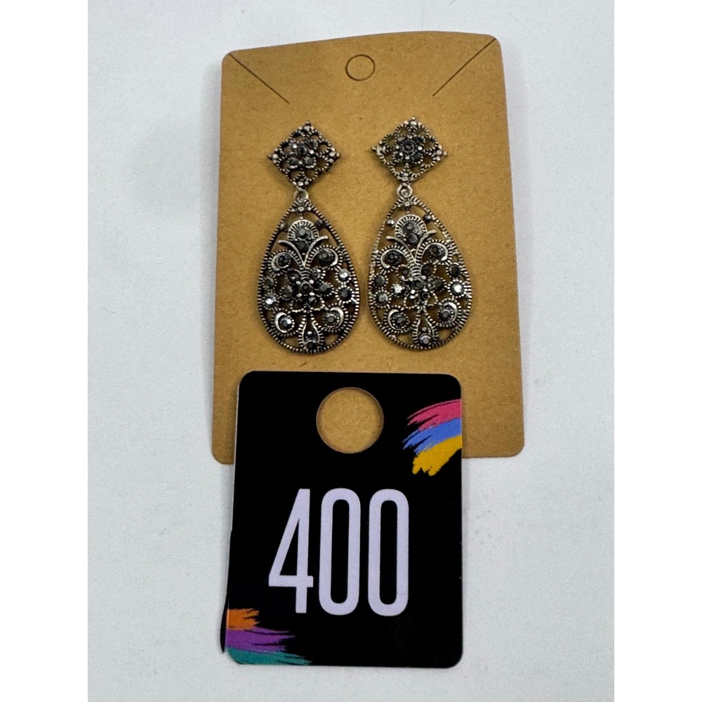 Silver Tone Black Rhinestone Filigree Teardrop Drop Earrings Vintage Goth Y2K - Picture 3 of 3